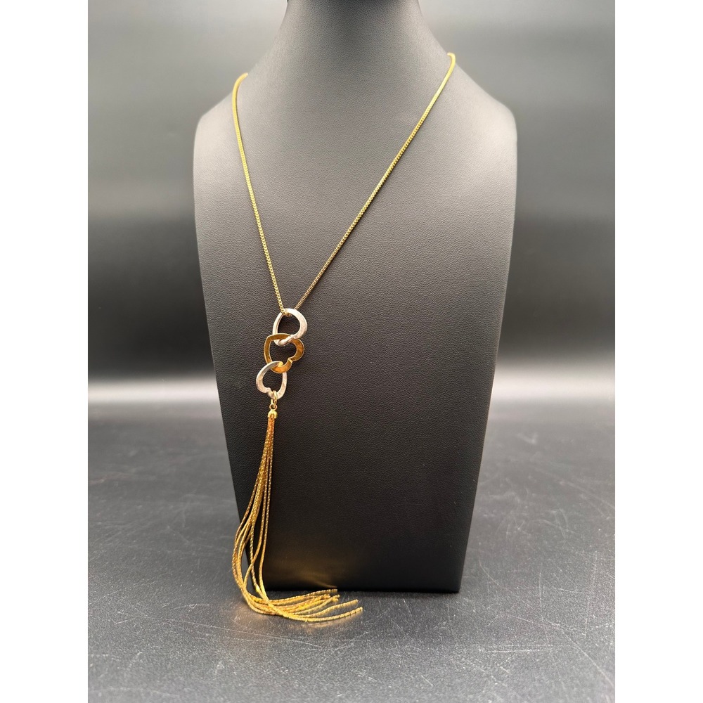 Vintage Interlocking Hearts Tassel Necklace Gold Silver Tone Box Chain - Picture 4 of 7
